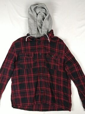 H&M/Divided Red & Black Plaid Hooded Shirt Jacket
